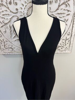 Bozzolo L Black Ribbed Bodycon Dress Deep V Front Back Stretch Y2K LBD